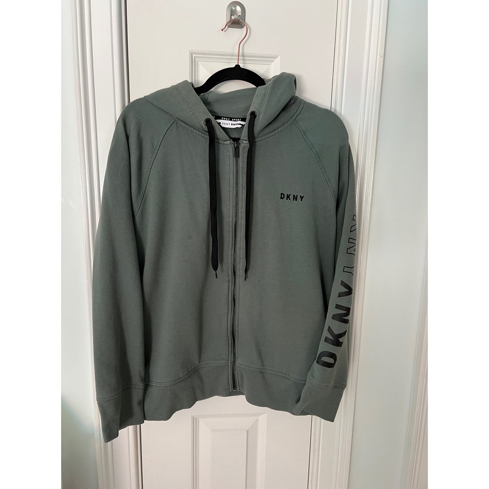 DKNY Sport Women Sage Green Full Zip Hoodie Logo Sleeve Graphic Sweatshirt L